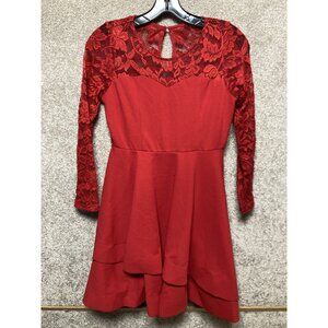 Red Lace Long Sleeve Fit & Flare Dress With Keyhole Back & Tiered Hemline